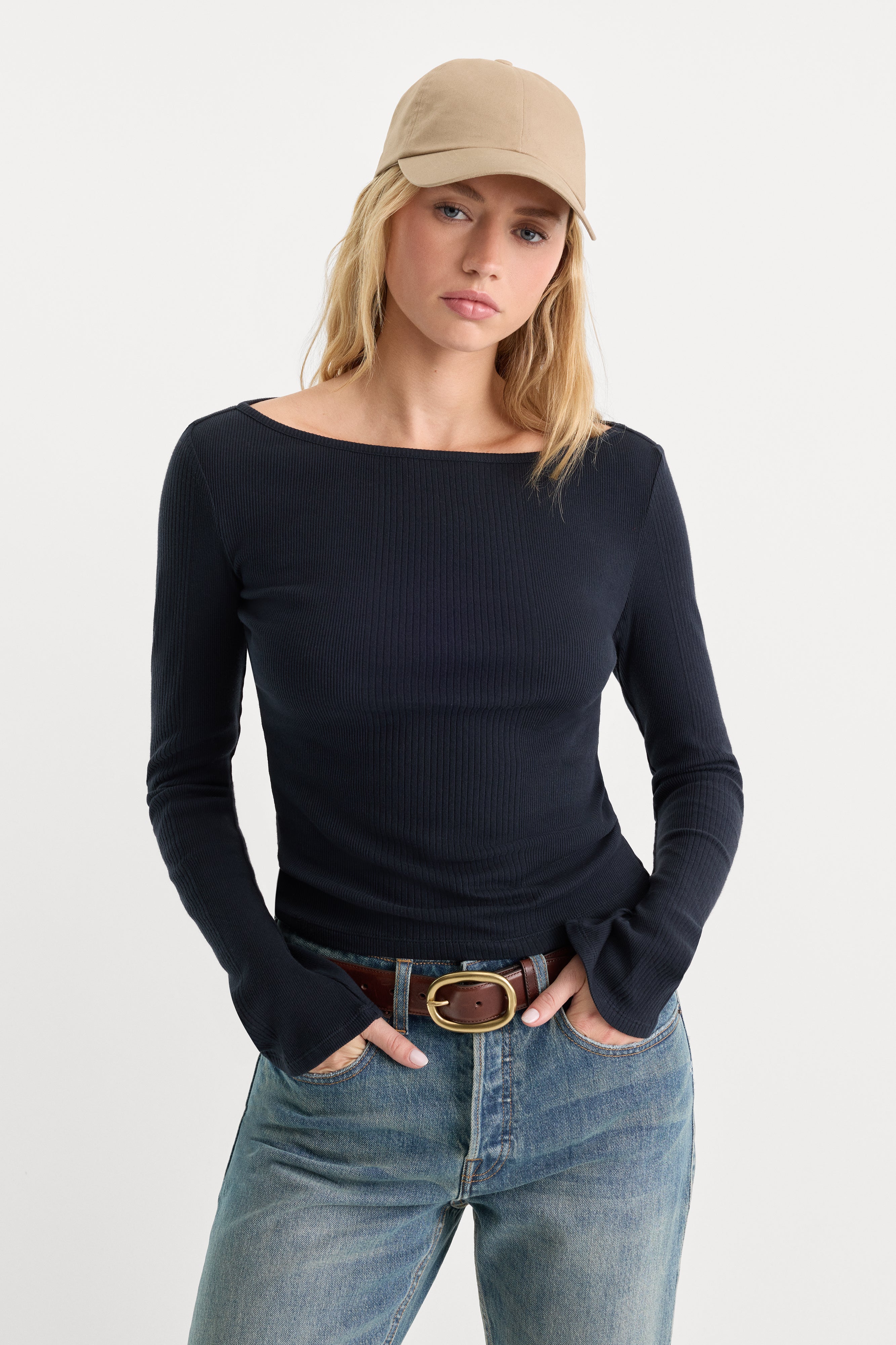THE VARIEGATED RIB LONG SLEEVE TOP | NEW NAVY002