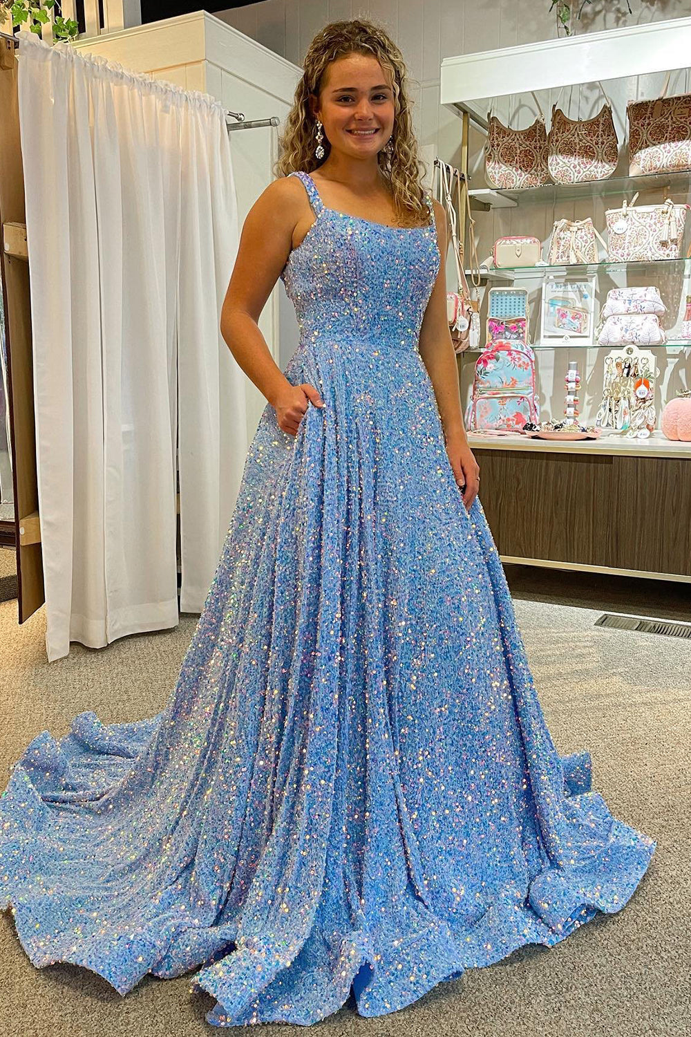 Light Blue Sequined Long Prom Dress with Square Neckline