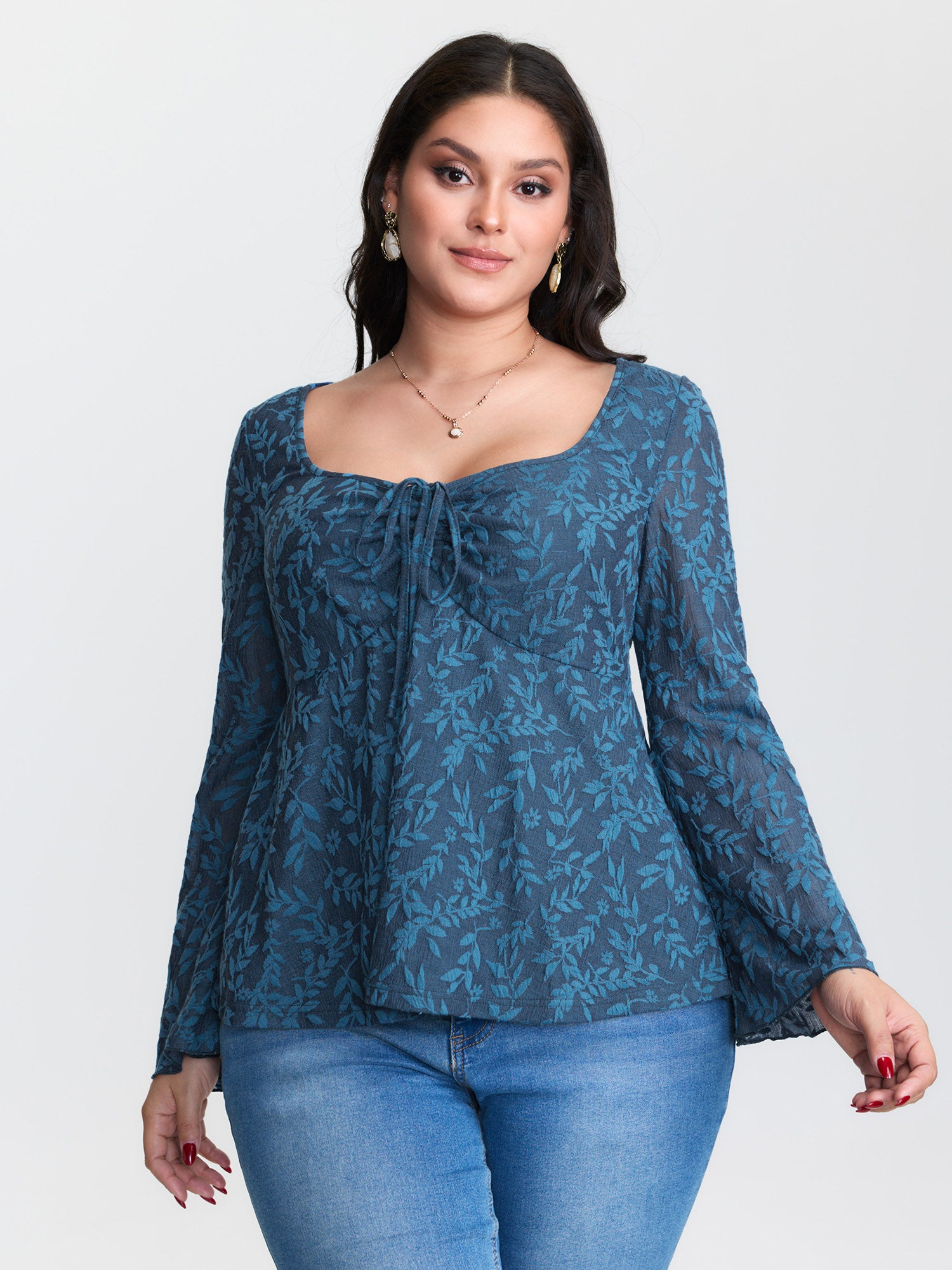 Textured Floral Ruched Adjustable Bodice Blouse