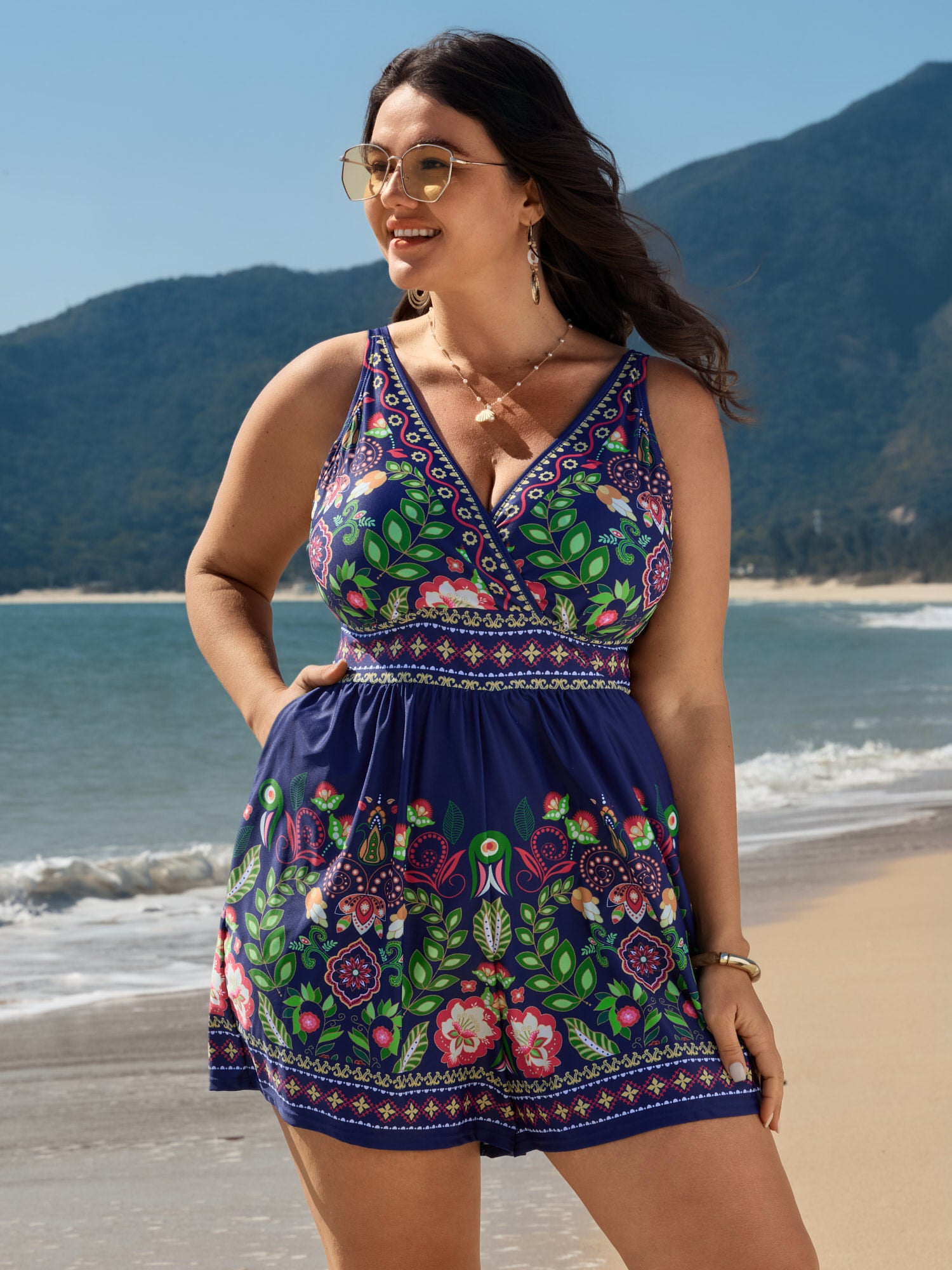 Tropical Print Pockets One-Piece Swimsuit