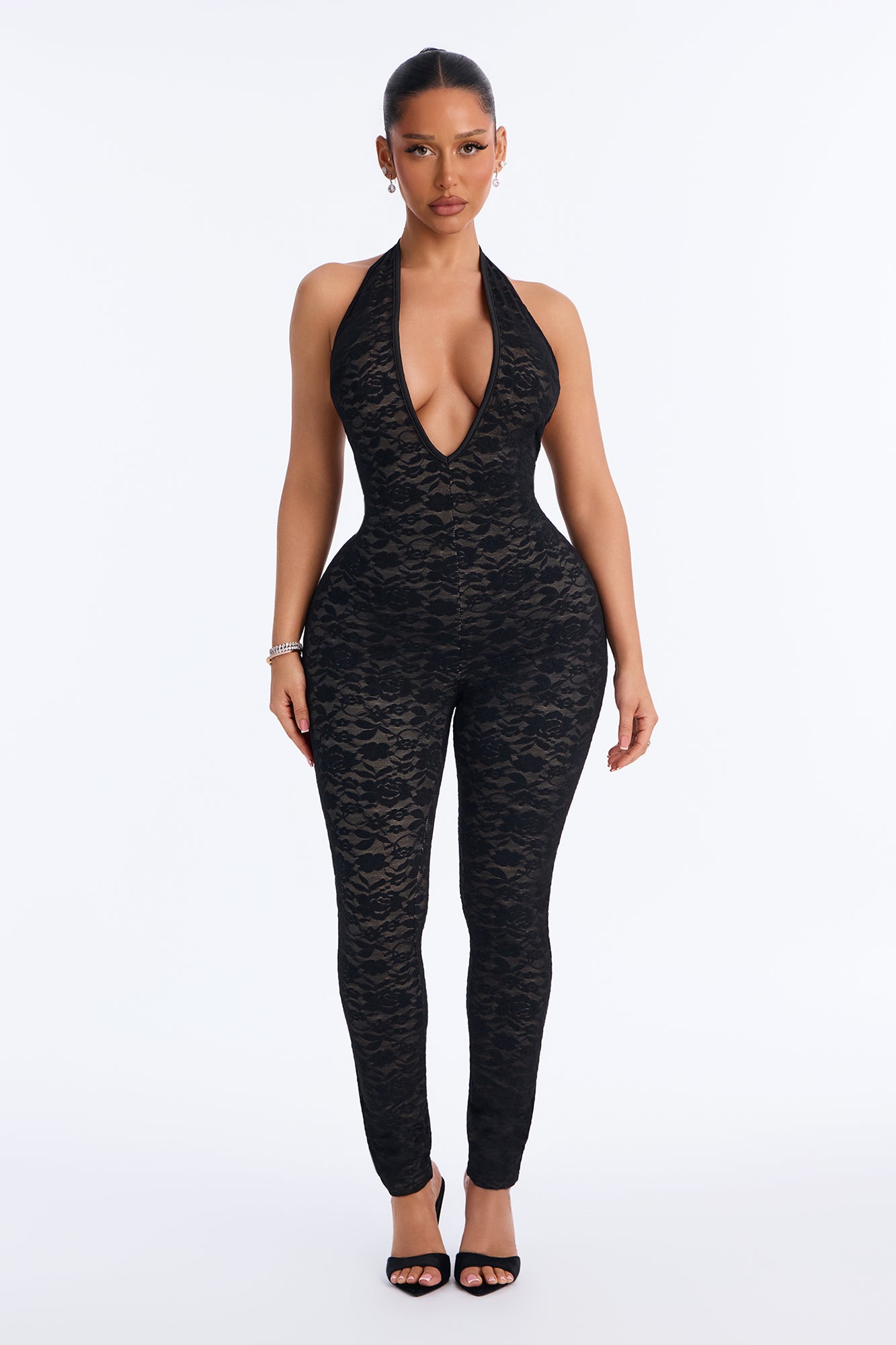 Midnight Strolls Backless Skinny Leg Lace Jumpsuit - Black