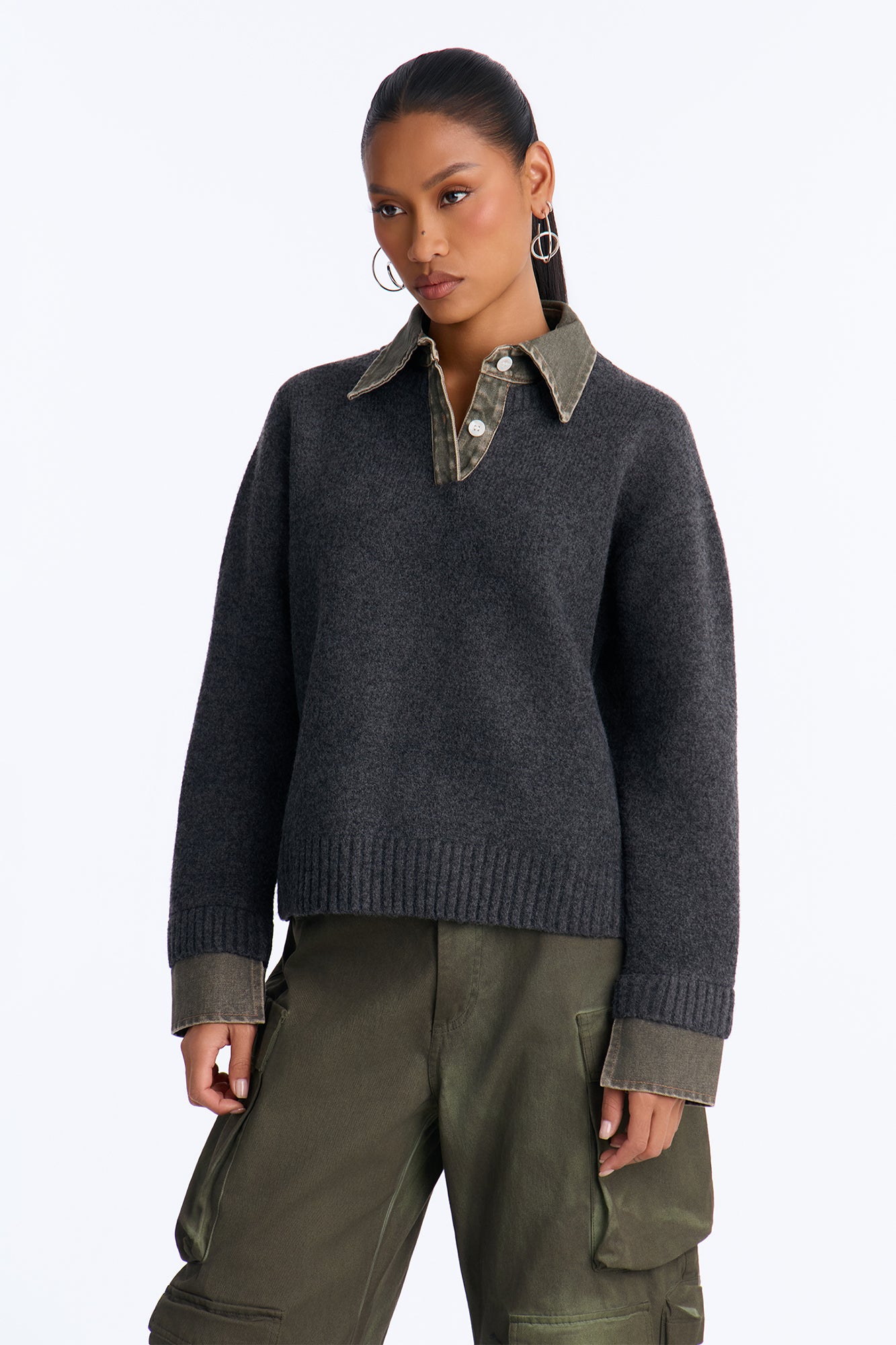 Serving Charm Denim Sweater - Charcoal/combo