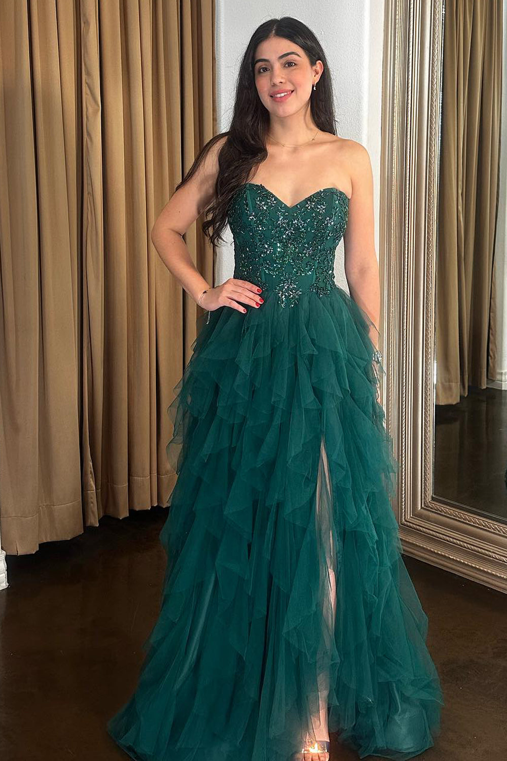 Long A-Line Corset Prom Dress in Sparkly Dark Green with Sweetheart Tulle Tiered Skirt and Appliques