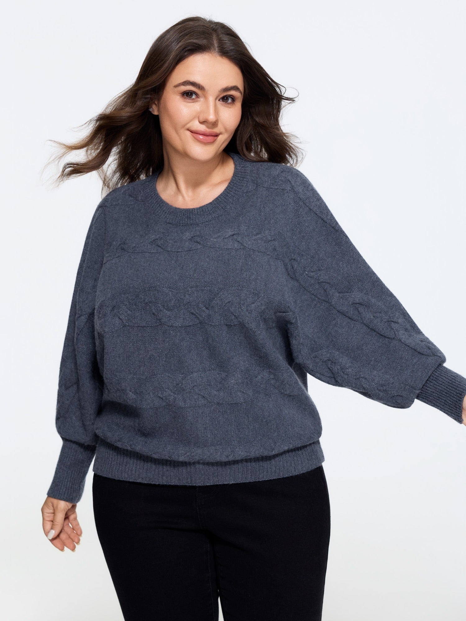 Round Neck Batwing Sleeve Cable Knit Pullover