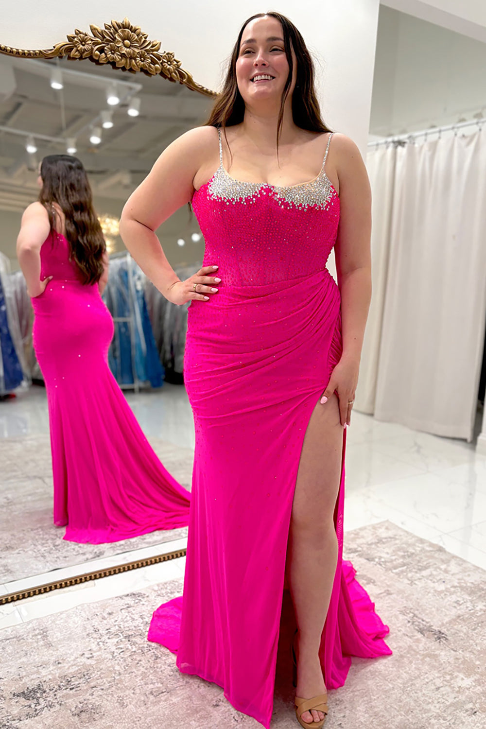 Long Fuchsia Beaded Sheath Prom Dress with Sparkly Slit Corset