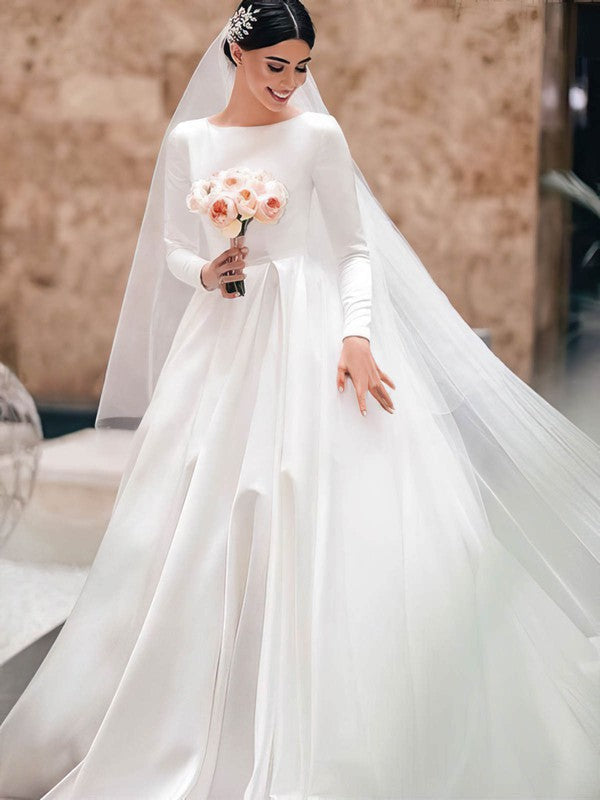 Gorgeous Long Sleeves Ball Gown Crew Neck Satin Court Train Wedding Dresses