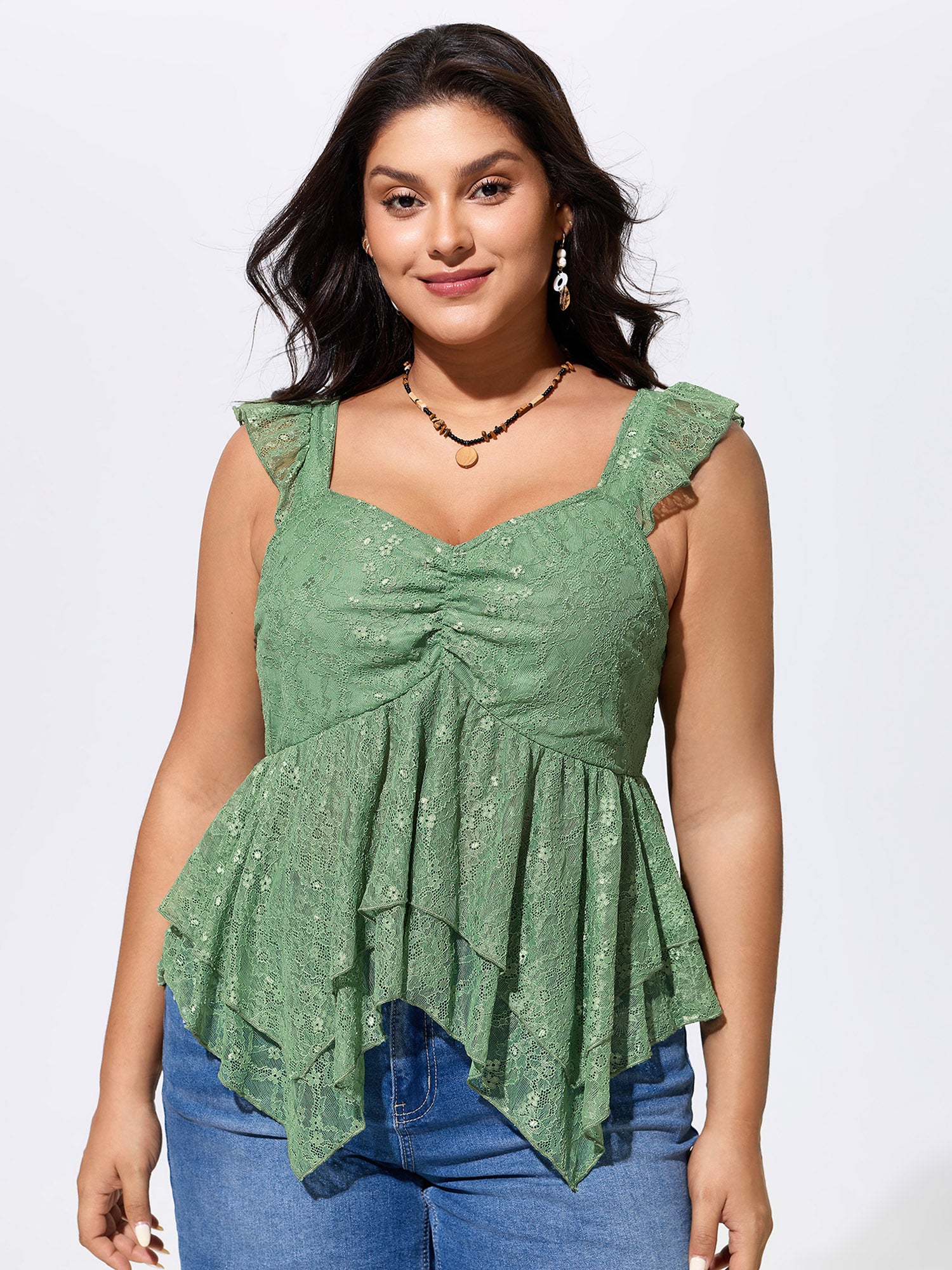 Stretchy Floral Lace Sweetheart Neckline Blouse