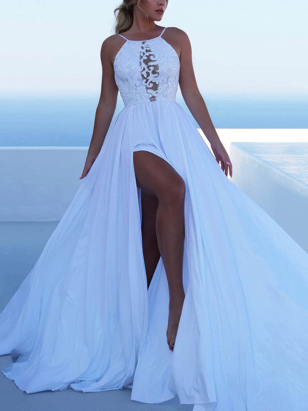 Trendy A-Line Halter Backless Lace Chiffon Sweep Train Wedding Dresses with Split