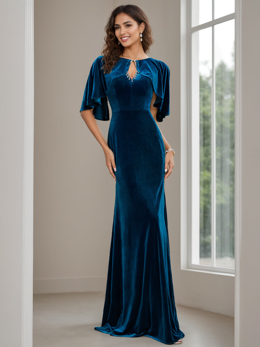 Floor-Length Velvet Mother of the Bride Dress with Scoop Neck Half Sleeves and Beaded Appliques & Sequins