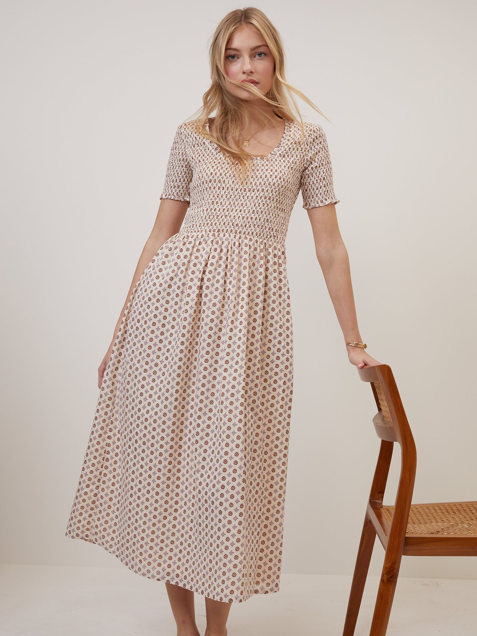 Beige Floral Zita Midi Dress
