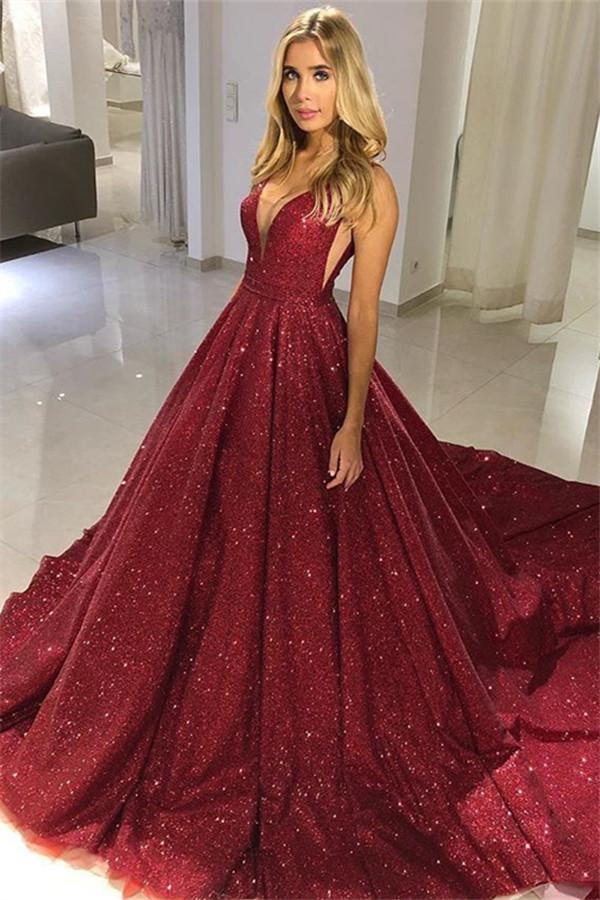 Burgundy Sleeveless Sequins Evening Dress