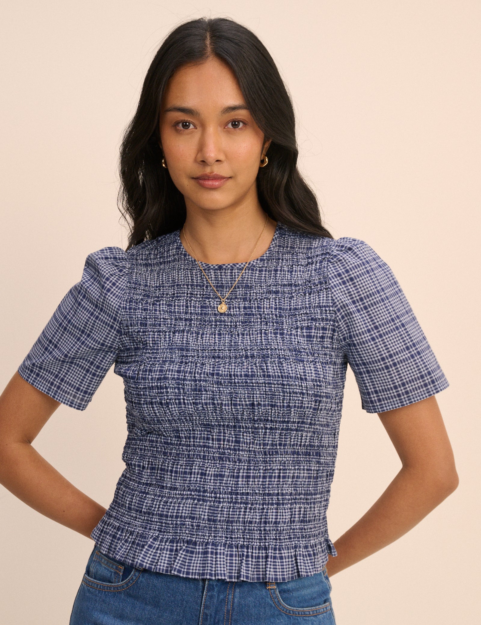 Blue Check Shirred Top