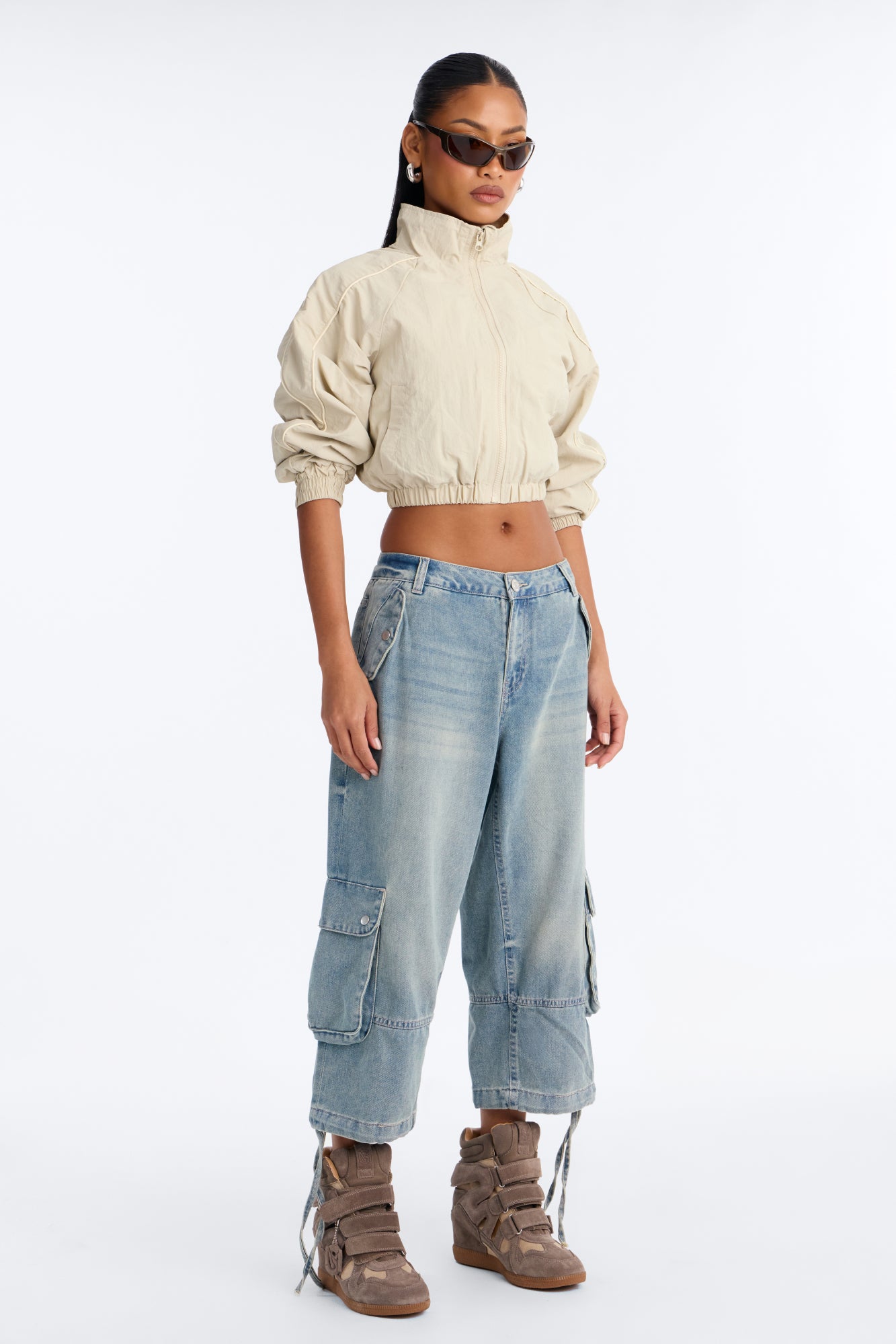 Turn Around Non Stretch Cargo Denim Capri Jeans - Light Wash