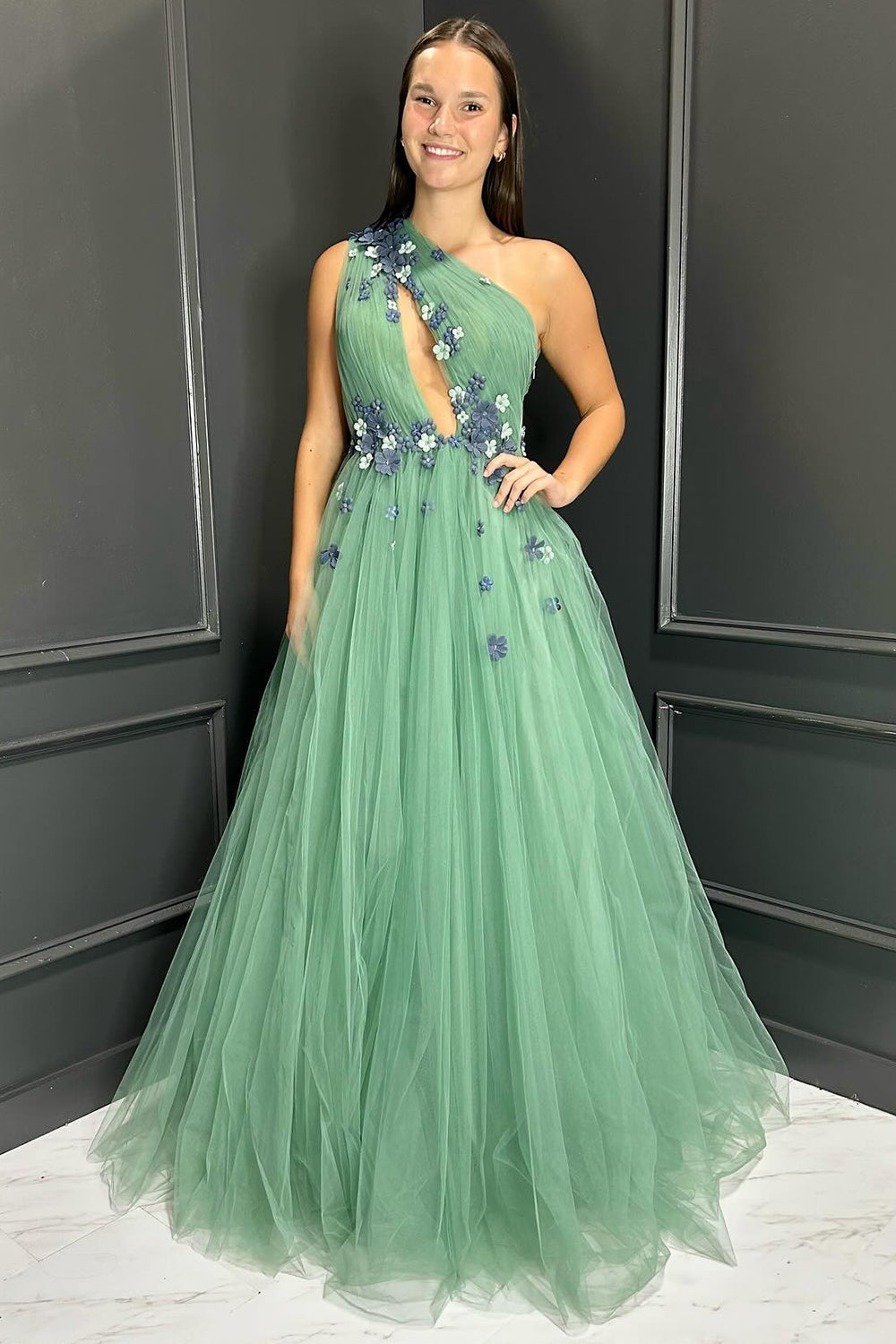 Long A-Line Prom Dress in Green with One Shoulder and 3D Tulle Flowers