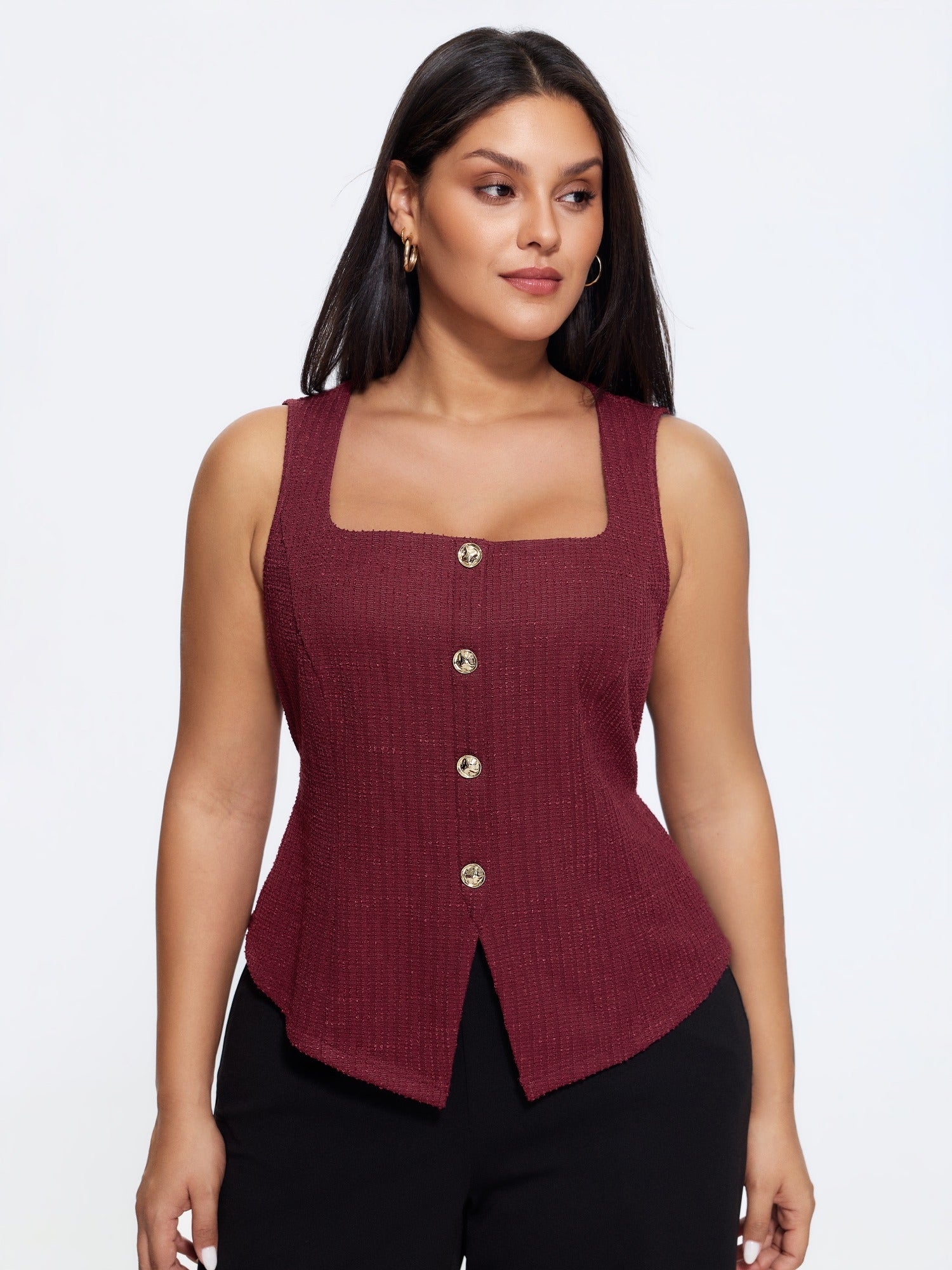 Square Neck Button Front Tweed Tank Top
