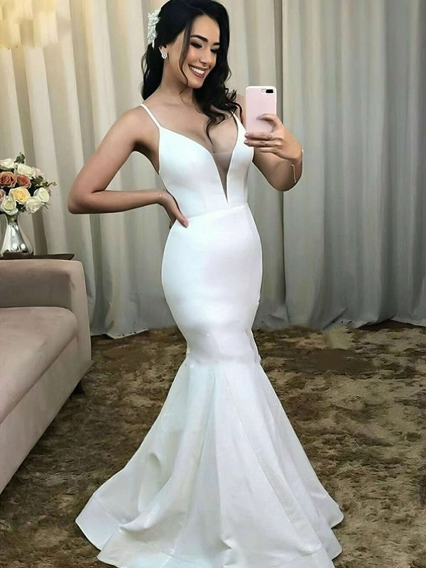 Luxurious Mermaid Deep V-Neck Satin Spaghetti Straps Sleeveless Sweep Train Wedding Dresses