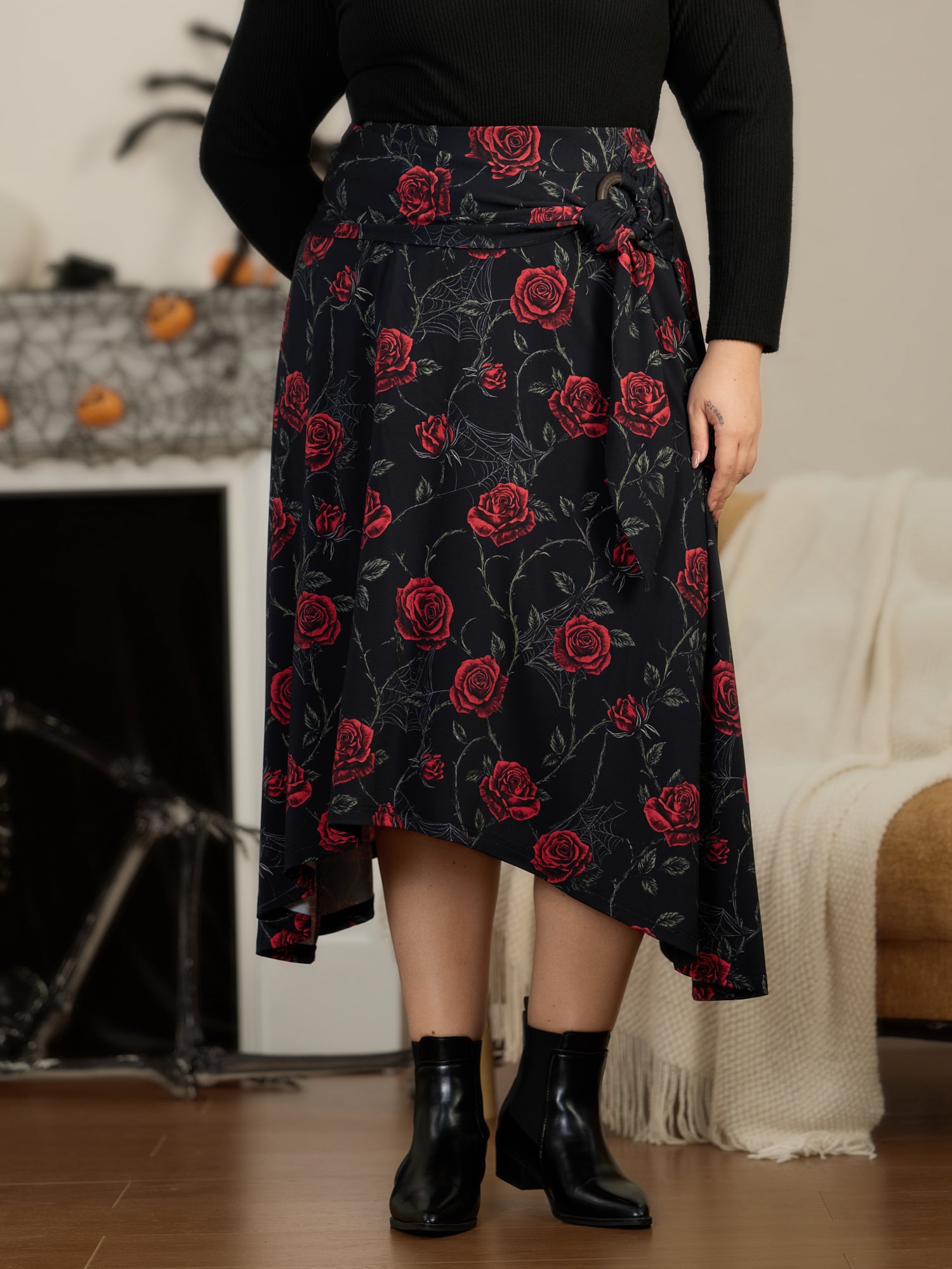 Stretchy Rose Spider Web Print Asymmetrical Midi Skirt