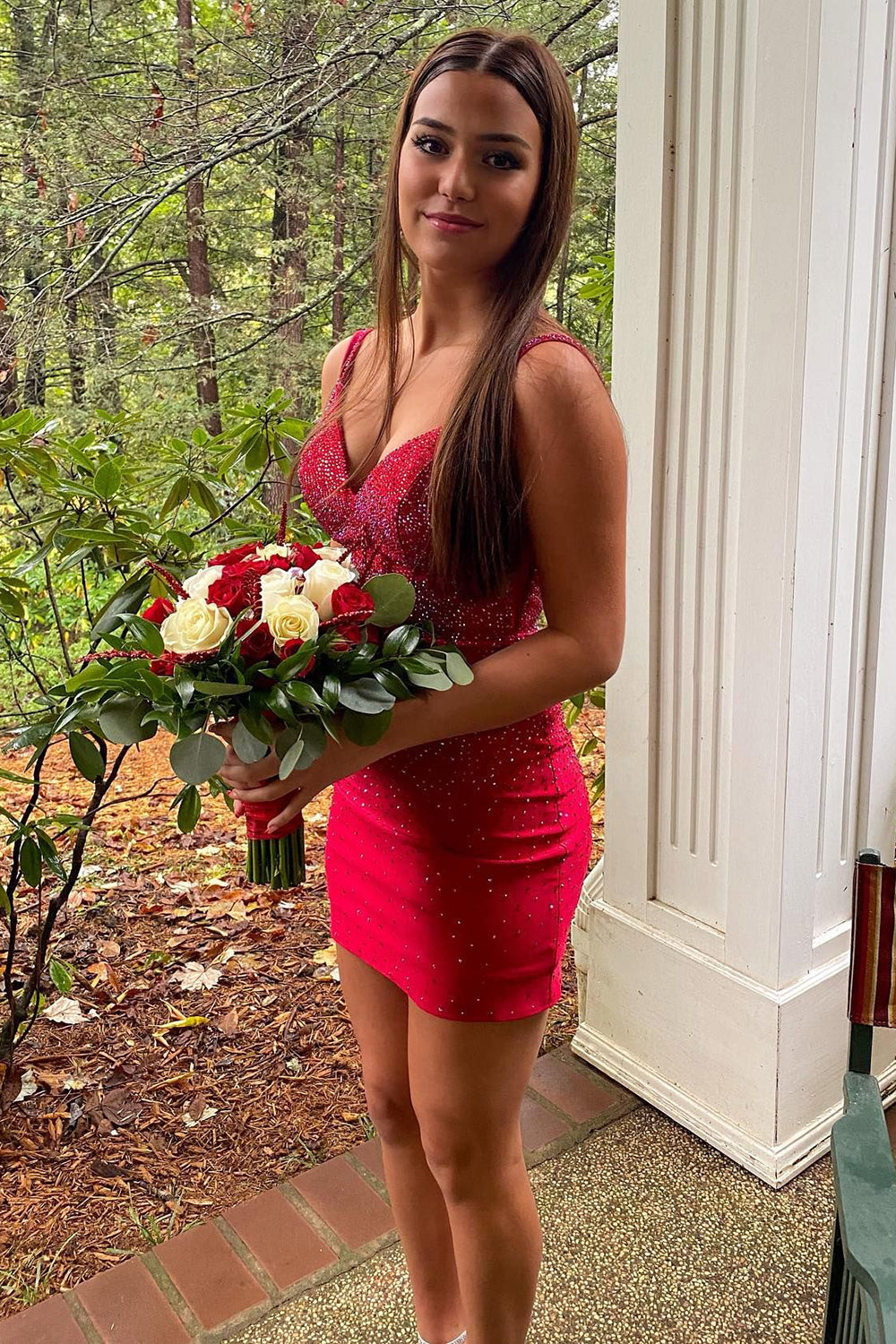 Sparkly Red Spaghetti Straps Beaded Tight Short Homecoming Dress/Mini Dress