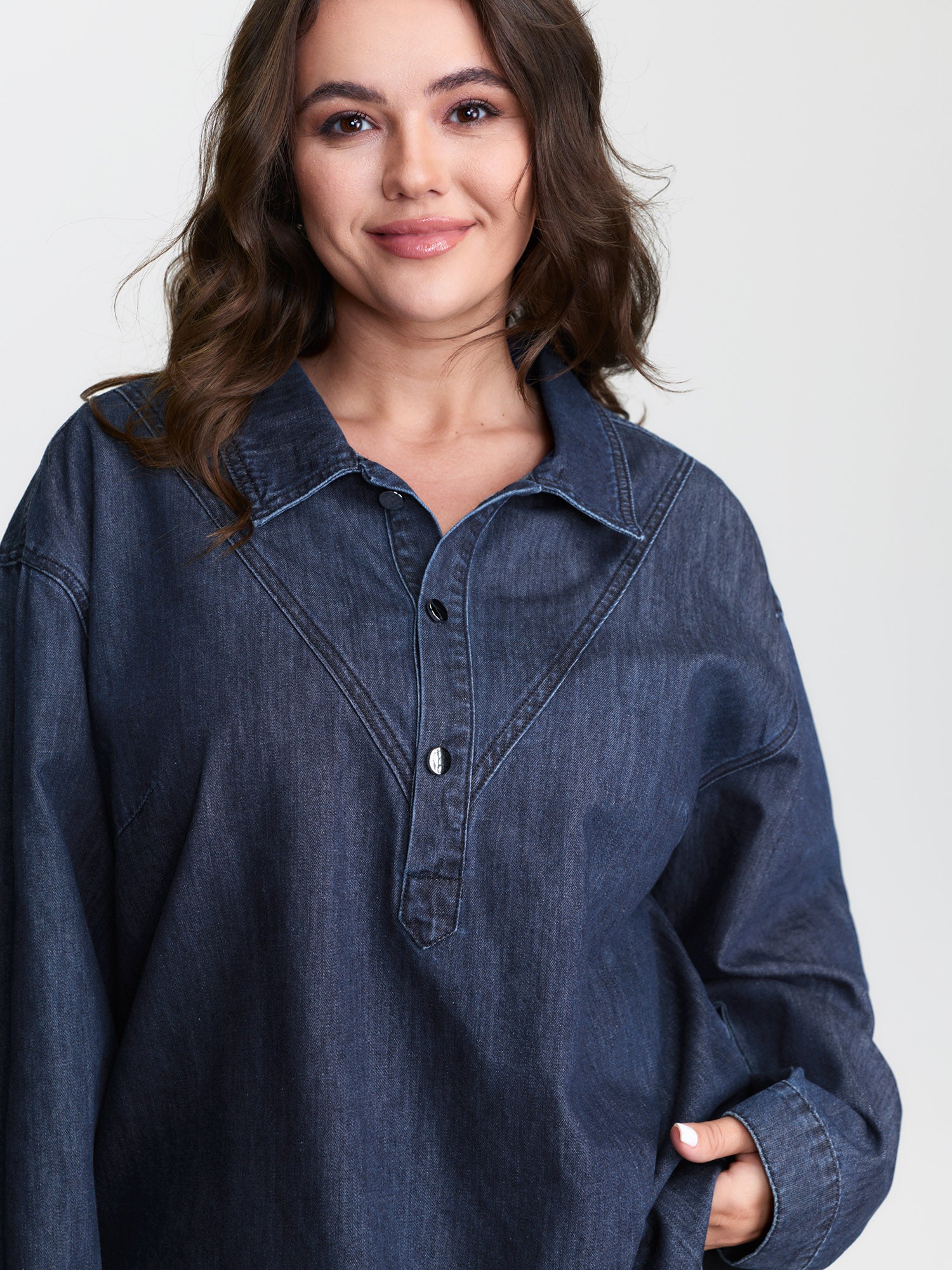 Half Placket Button Curvy Hem Denim Shirt