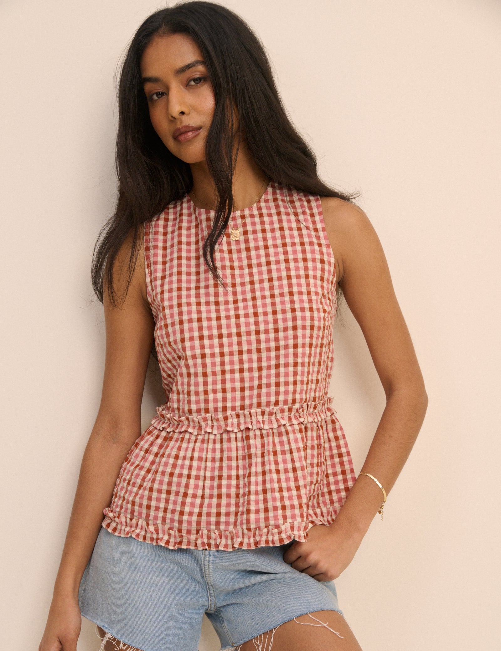Burgundy and Pink Gingham Frilled Vanessa Peplum Top
