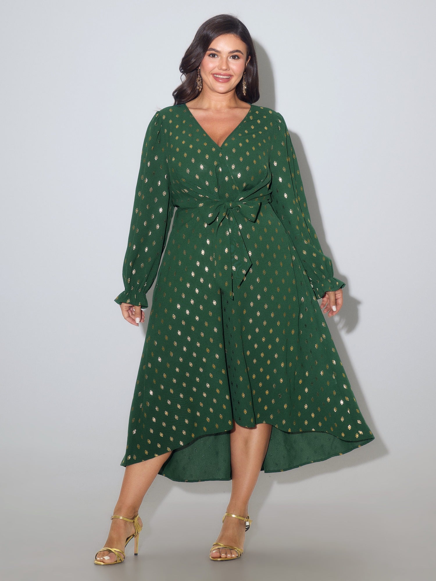 Gold Foil Dots Tie Waist High Low Hem Midi Dress