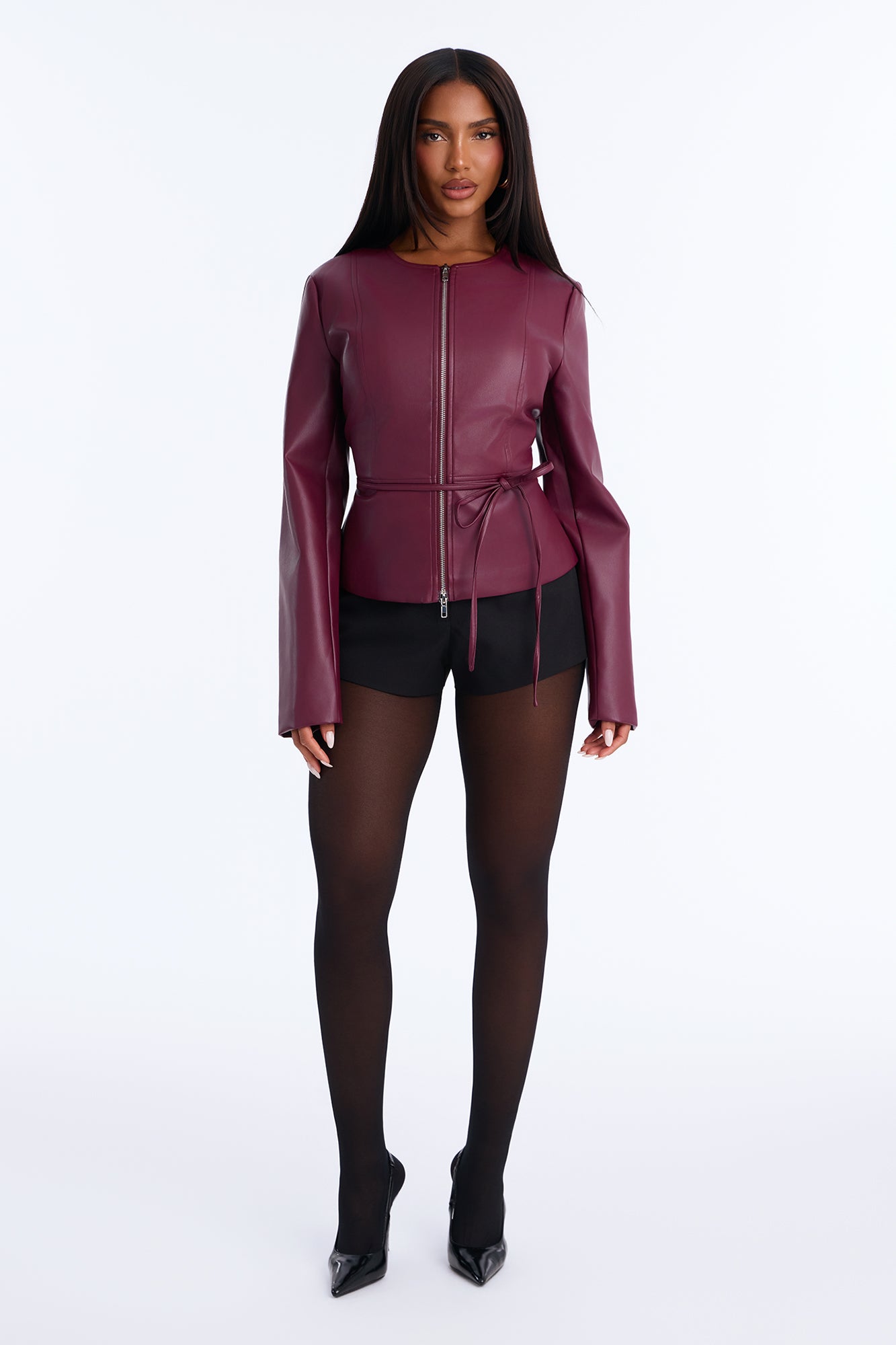 Too Fierce Faux Leather Peplum Jacket - Burgundy