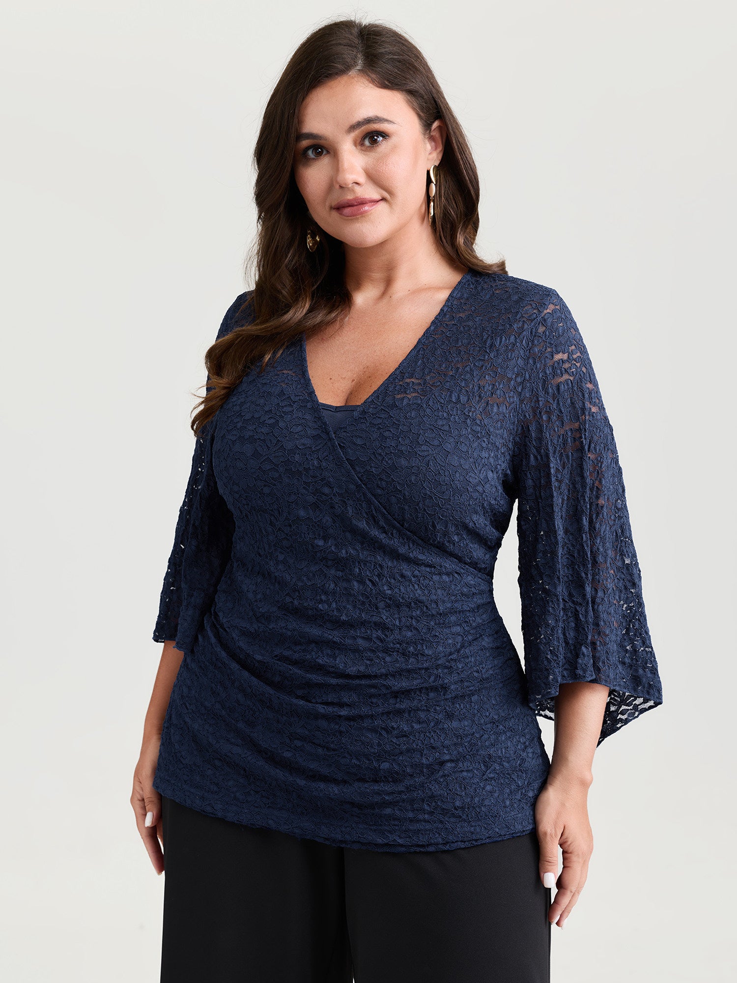 Sheer Lace Flared Sleeve Blouse