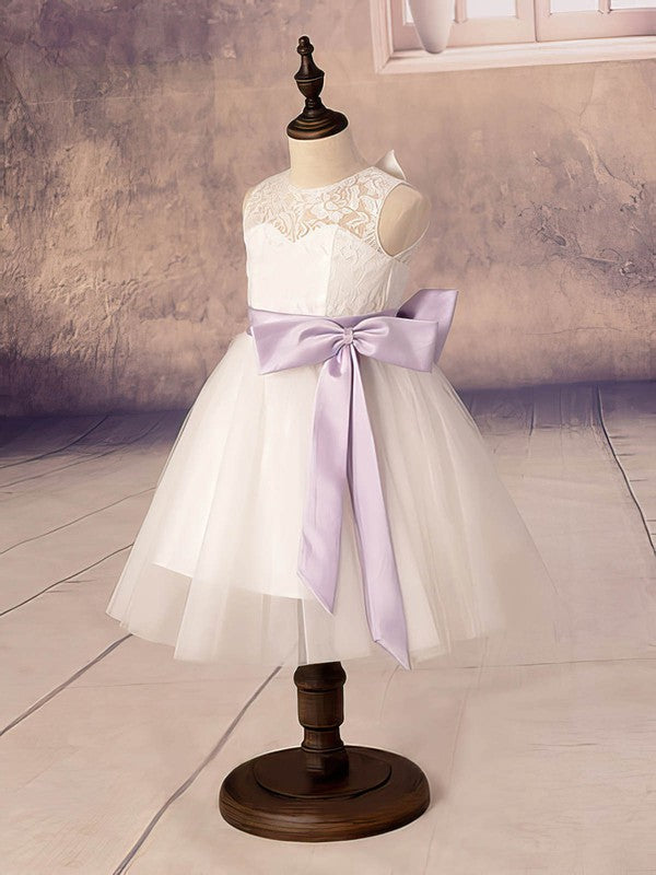 Classic A-Line Jewel Neck Lace Tulle Flower Girl Dresses with Bow