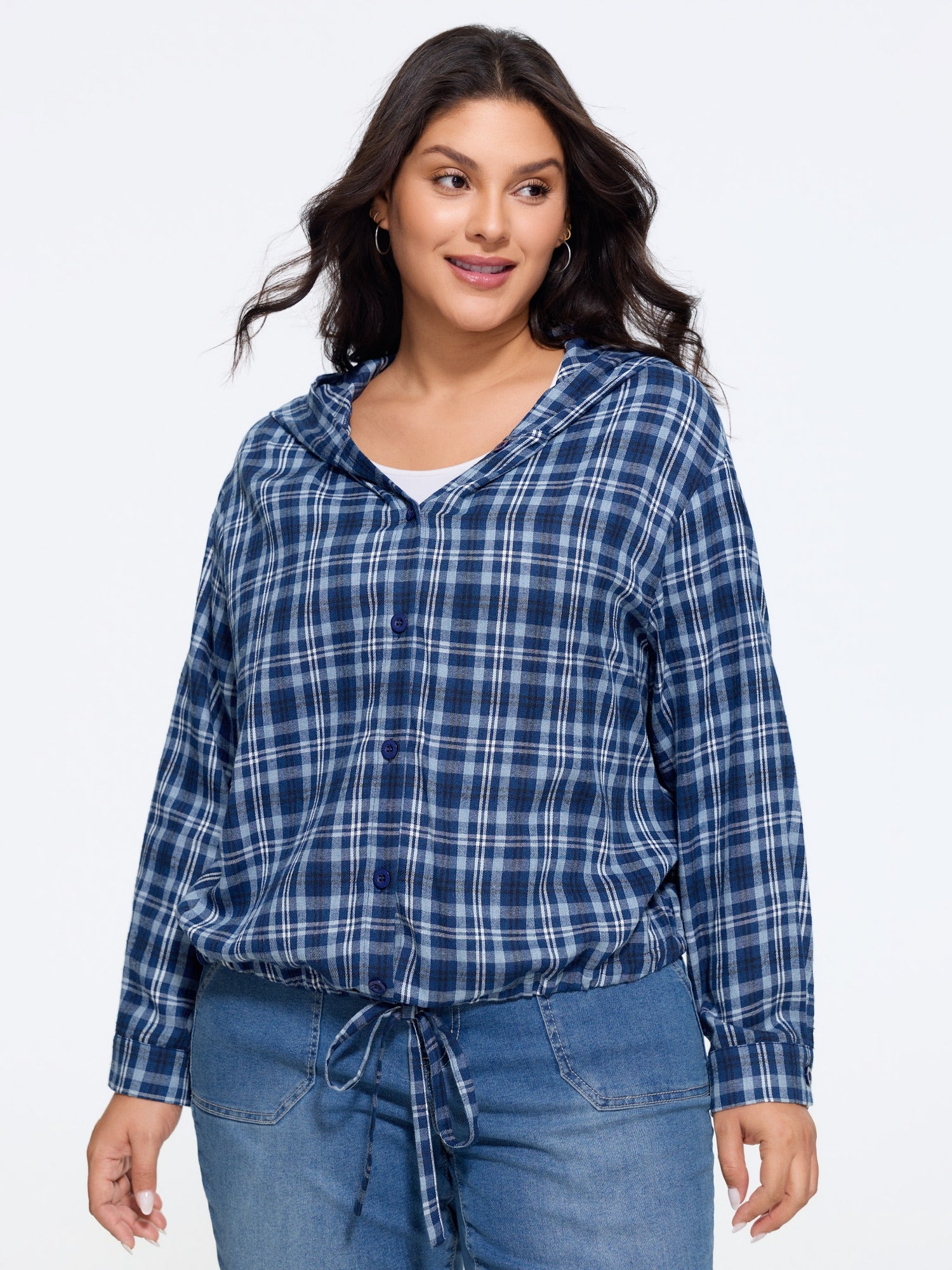Cotton Plaid Drawstring Hem Hooded Jacket