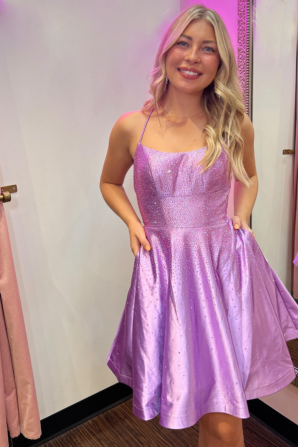 Sparkly Purple Beaded A-Line Lace-Up Back Short Homecoming Dress/Mini Dress with Pockets