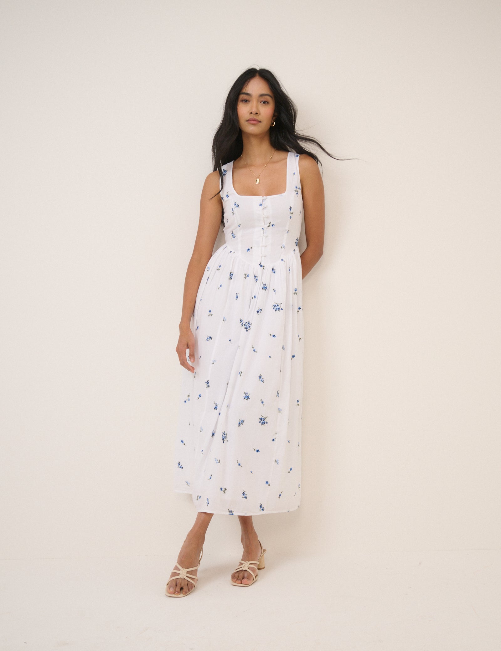 White Floral Drop Waist Cora Midi Dress