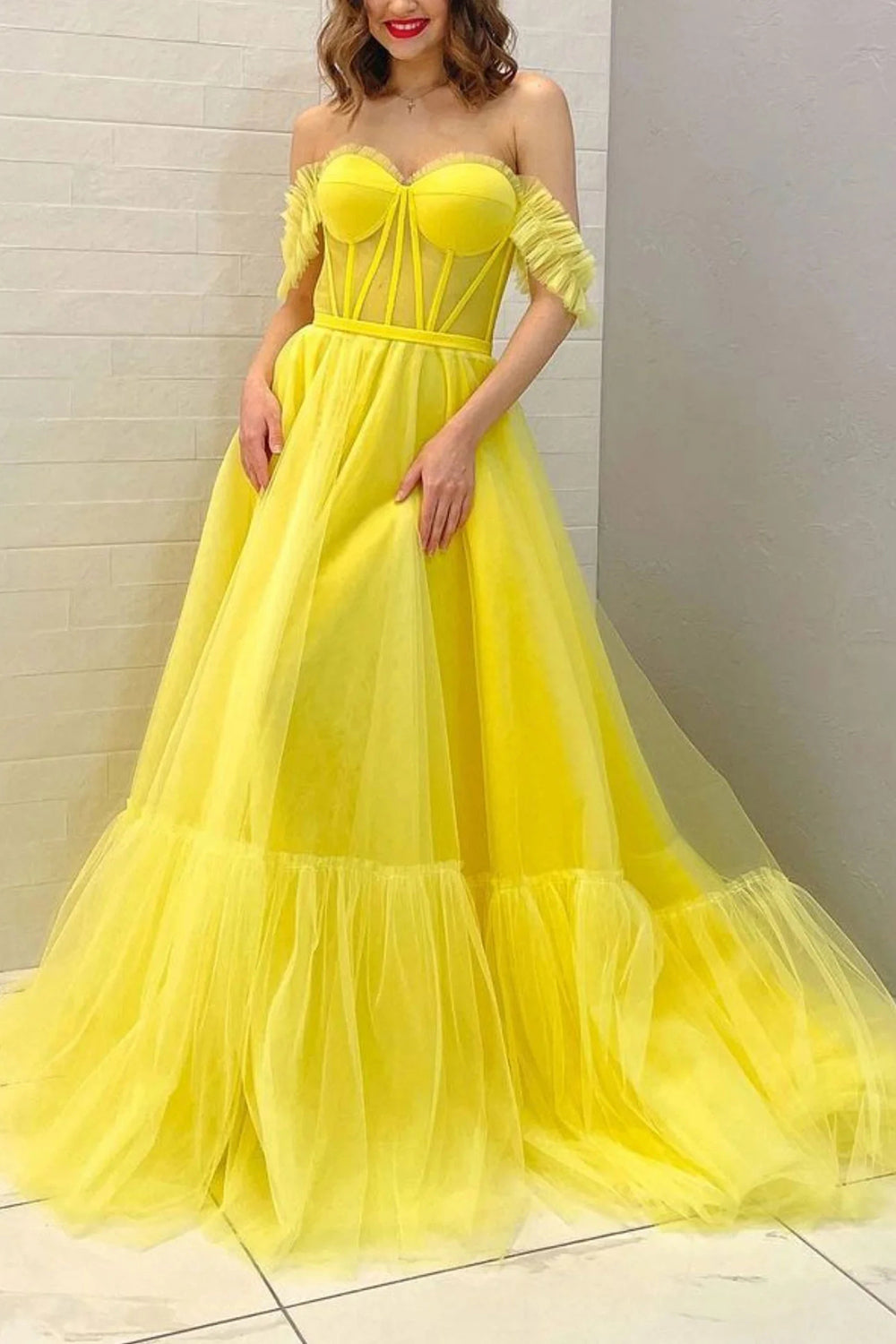 Yellow Off-the-Shoulder A-Line Corset Prom Gown