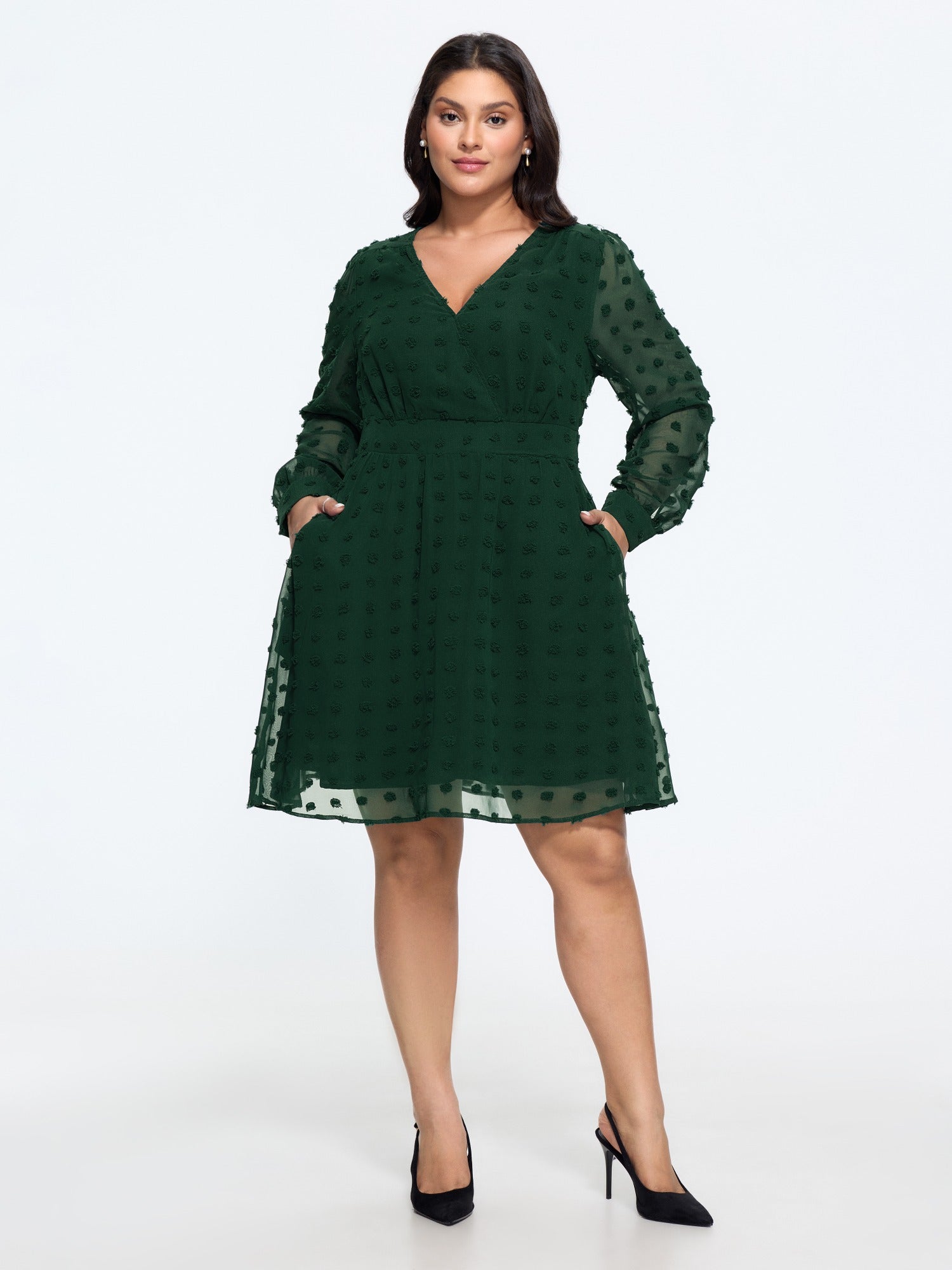 Textured Wrap Neck Long Sleeve Chiffon Mini Dress