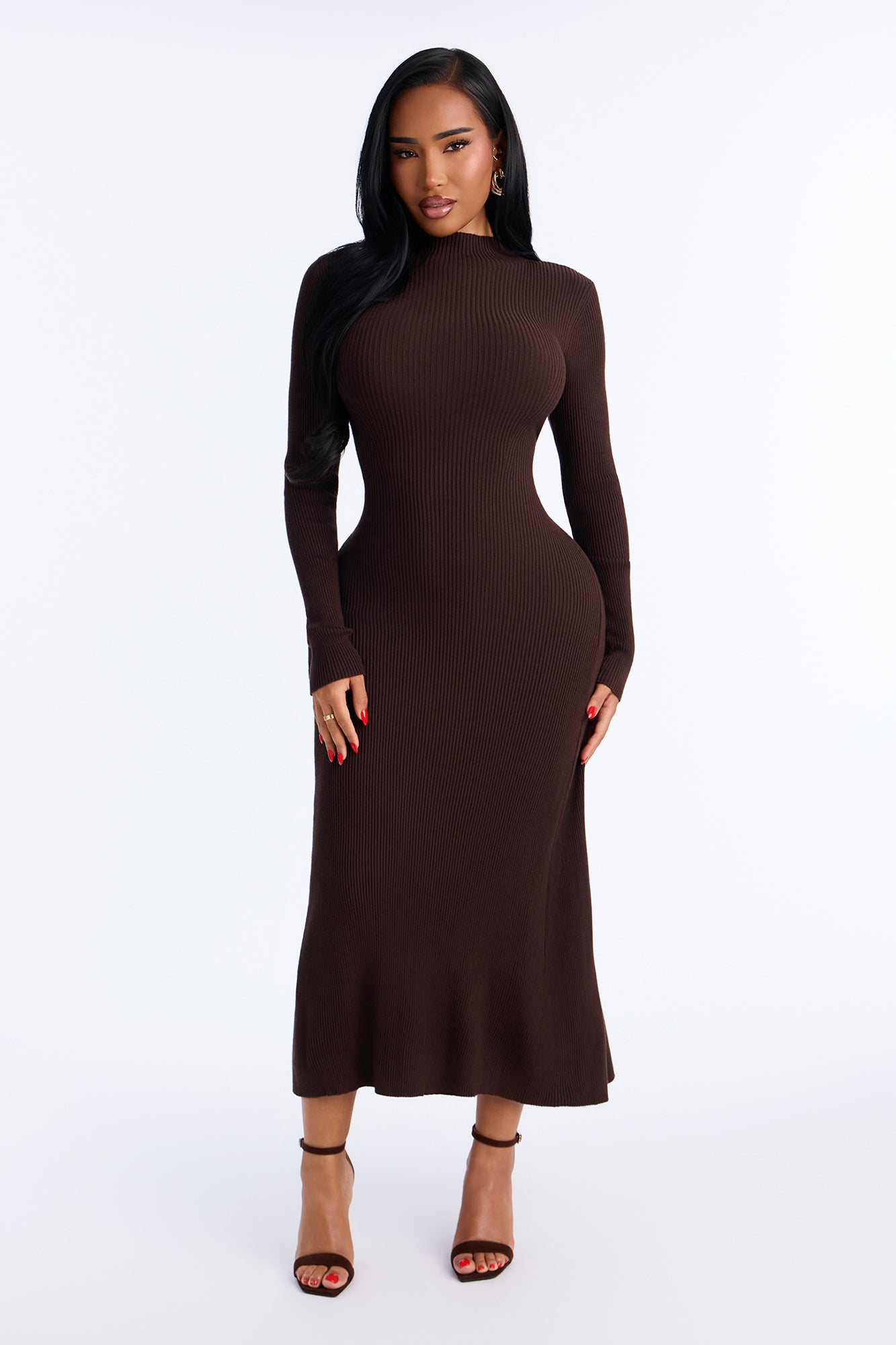 Everyday Muse Long Sleeve Ribbed Midi Dress - Brown