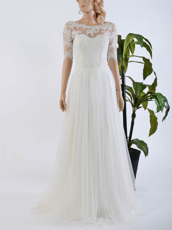 Elegant A-Line Half Sleeves Tulle Wedding Dresses with Sweep Train