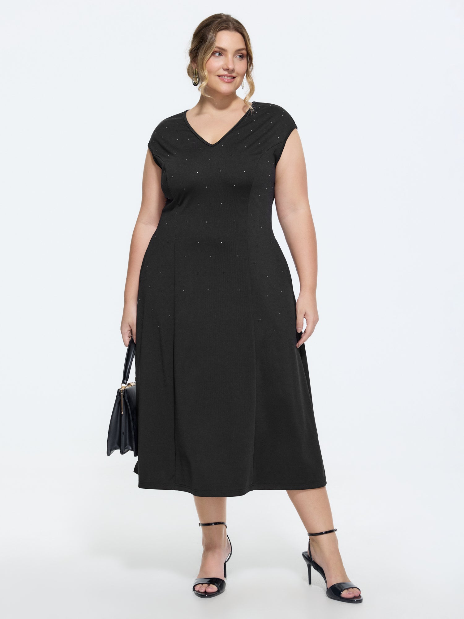 Stretchy Rhinestone V-Neck Midi Dress