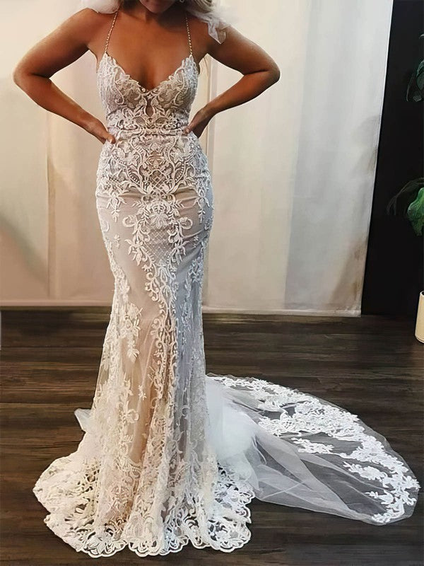 Sexy V-Neck Sleeveless Lace Mermaid Wedding Dresses with Appliques