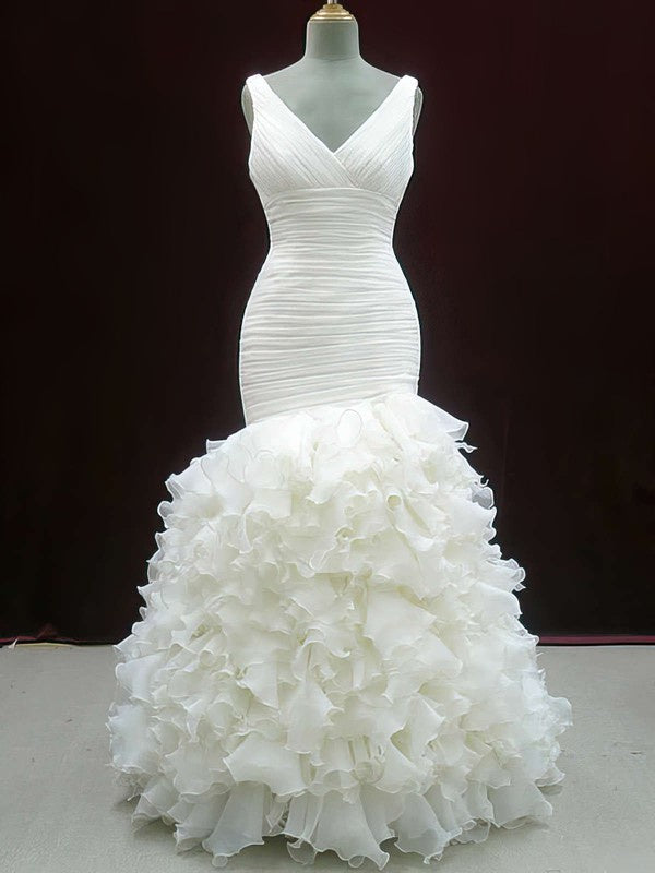 Luxurious Tiered Mermaid V-Neck Sleeveless Organza Wedding Dresses with Cascading Ruffles