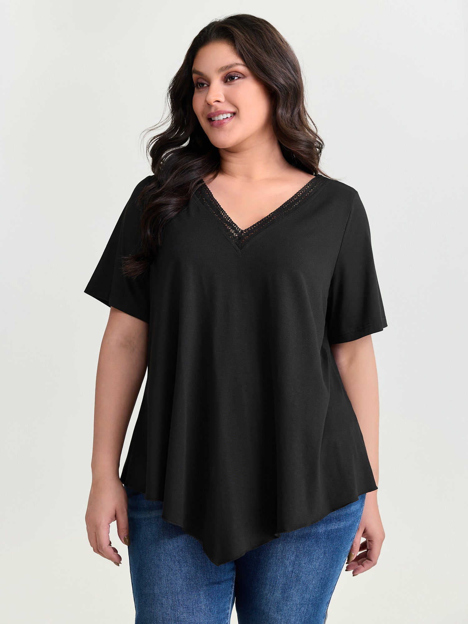 Supersoft Stretchy Draped Lace Trim Plain T-Shirt