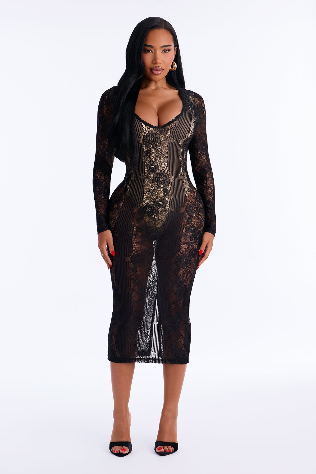 Night Cap Sheer Lace Long Sleeve Midi Dress - Black