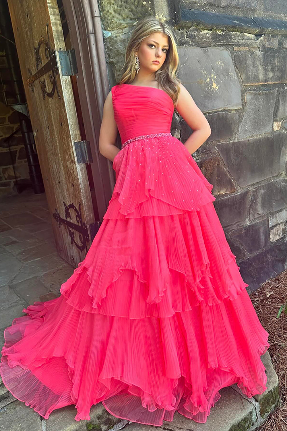 Long One-Shoulder Corset Prom Dress in Fuchsia with Tiered Tulle and Beaded Details