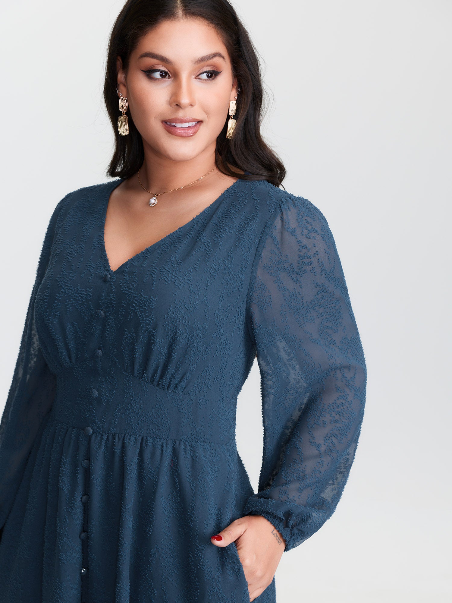 Textured Sheer Hem Waist-Defining Midi Dress