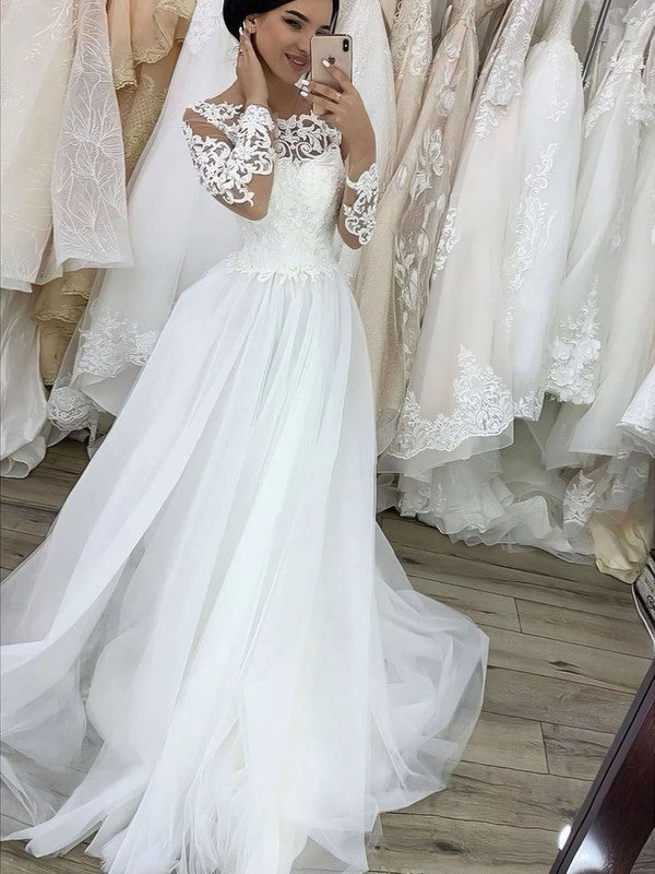 Stunning A-Line Long Sleeves Tulle Lace Sweep Train Wedding Dresses