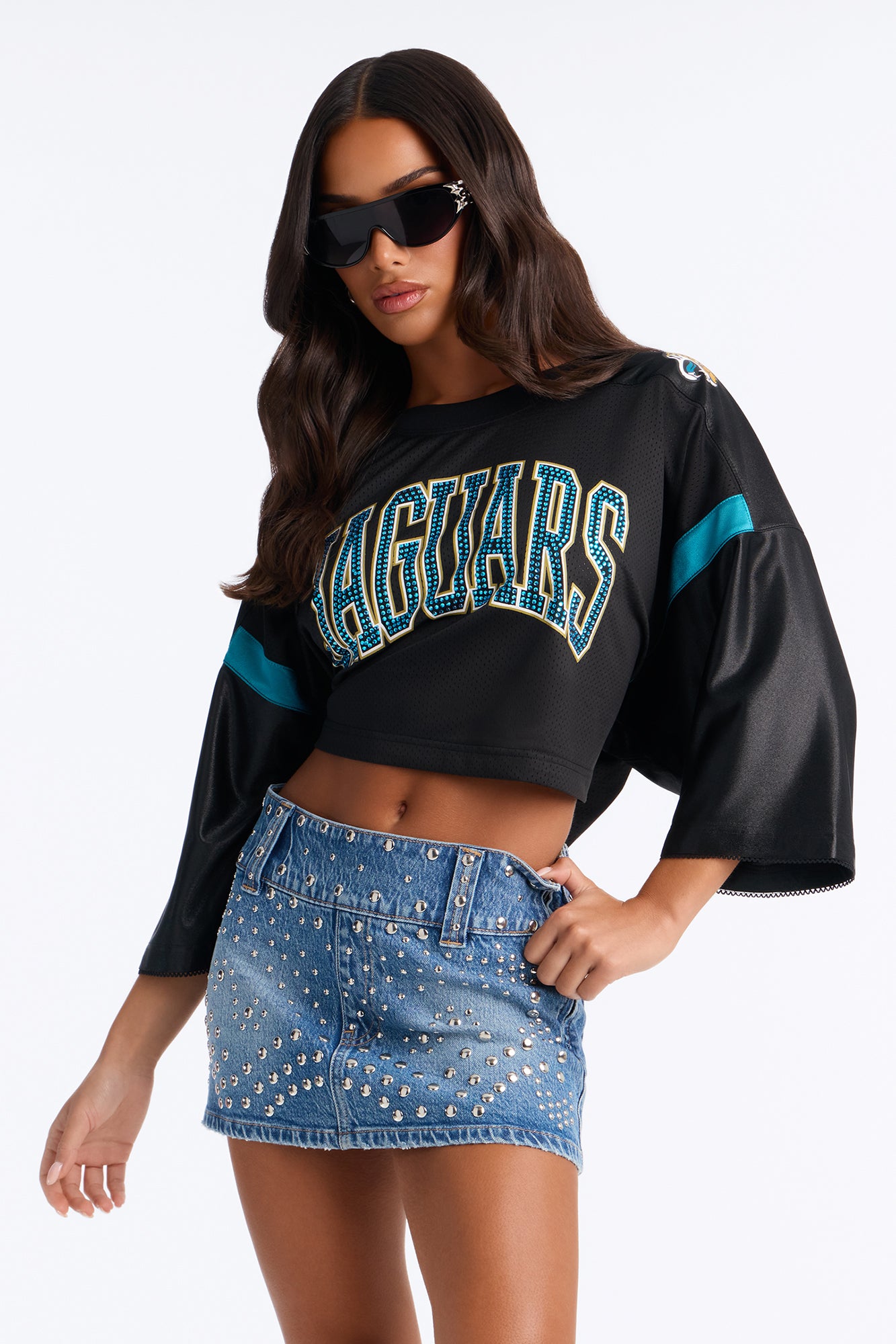 NFL Jaguars Rhinestone Cropped Top - Black