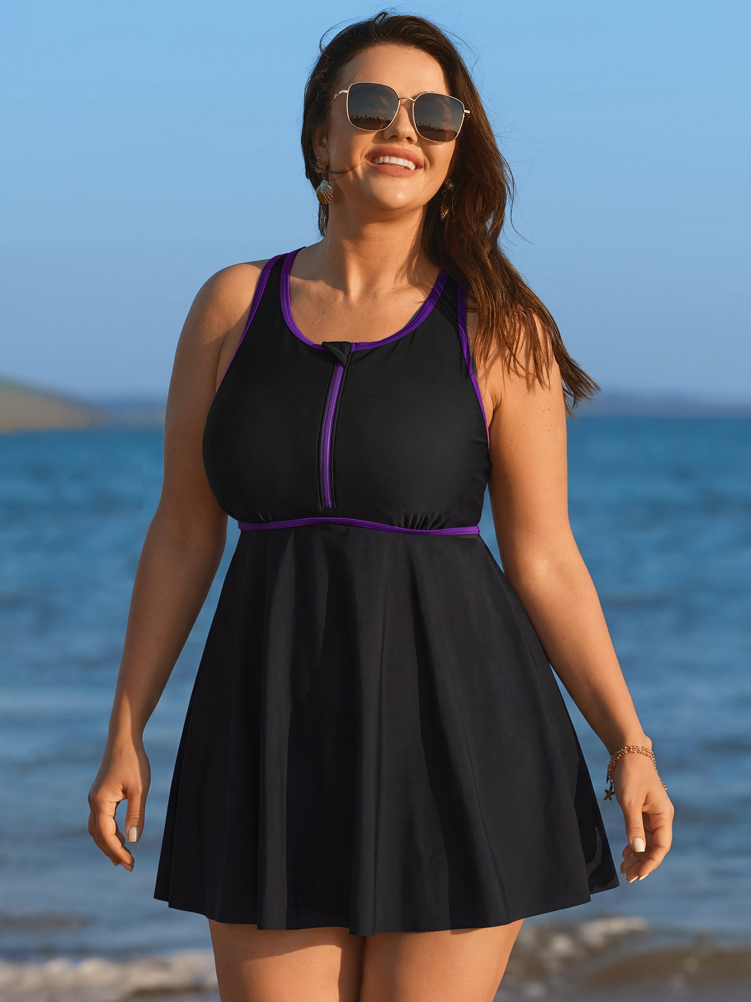 Round Neck Zipper Color Contrast Swim Dress