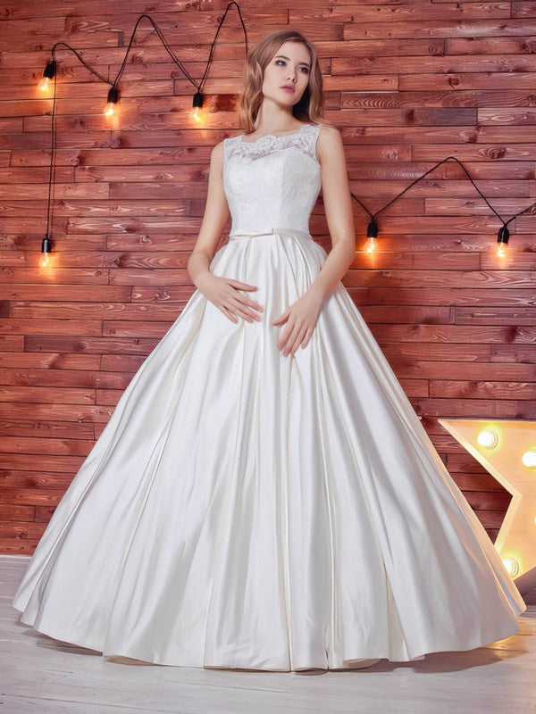 Elegant Floor-Length Lace Satin Sleeveless Ball Gown Wedding Dresses with Sash