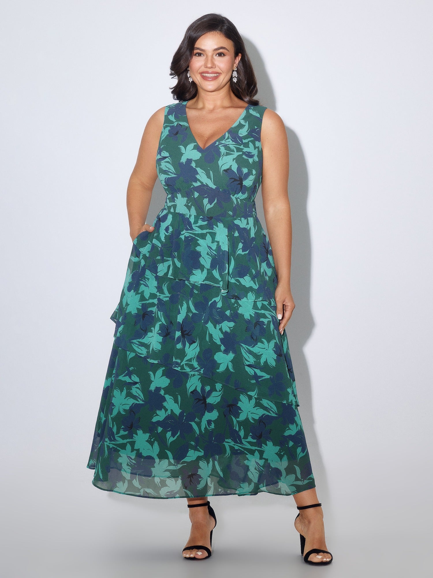 Floral Print Shirred Waist Layered Ruffle Maxi Dress