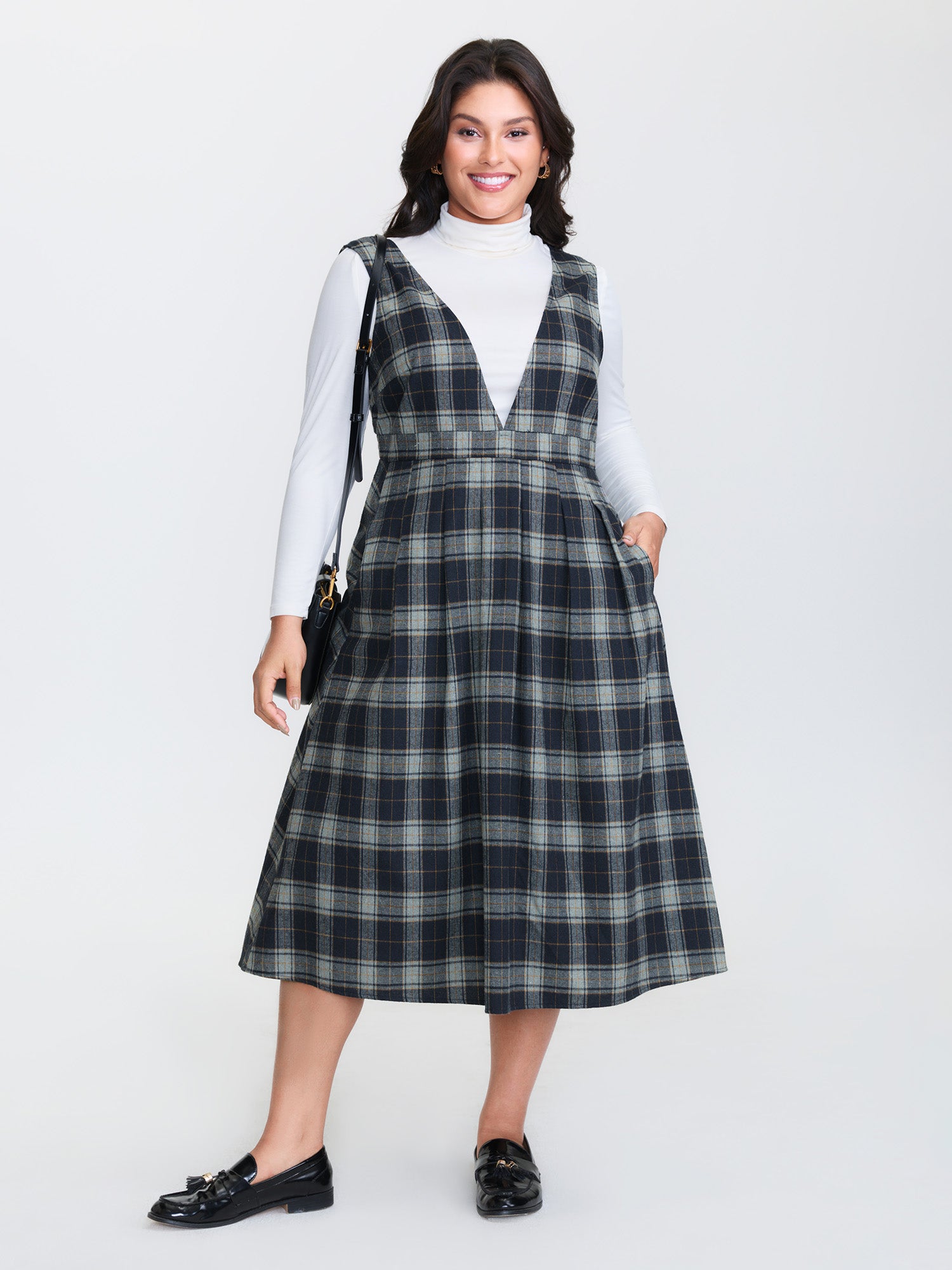 Plaid Pattern Deep V-Neck Midi Dress