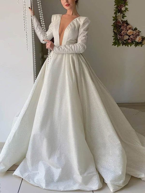 Luxurious Deep V-Neck Long Sleeves Satin Chapel Train Wedding Dresses