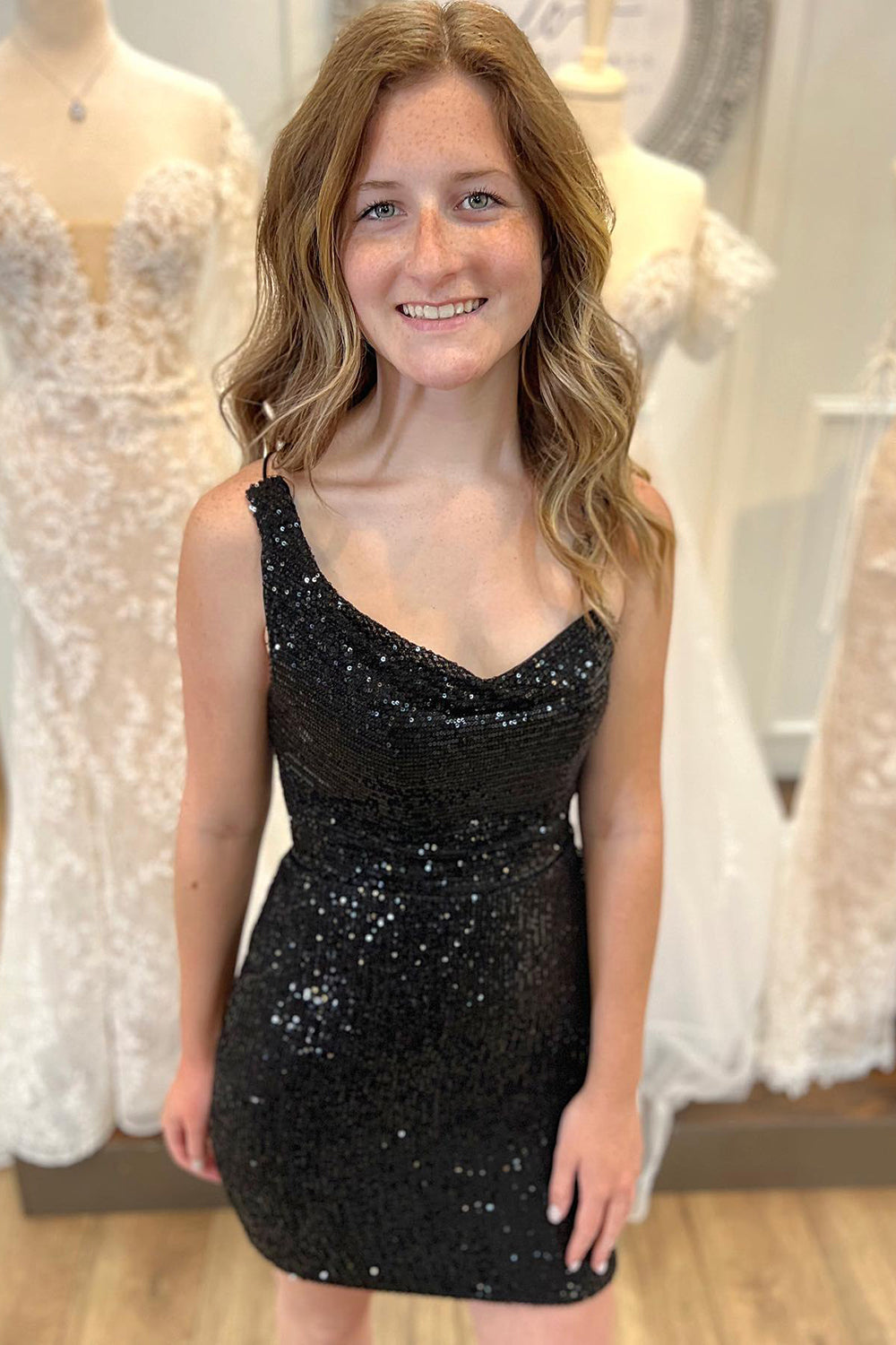 Black Spaghetti Straps Sequins Backless Tight Homecoming Dress/Mini Dress